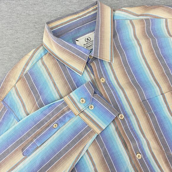 Bugatchi Other - Bugatchi Shaped Fit Button Down Long Sleeve Shirt Blue Brown Striped Modern XL